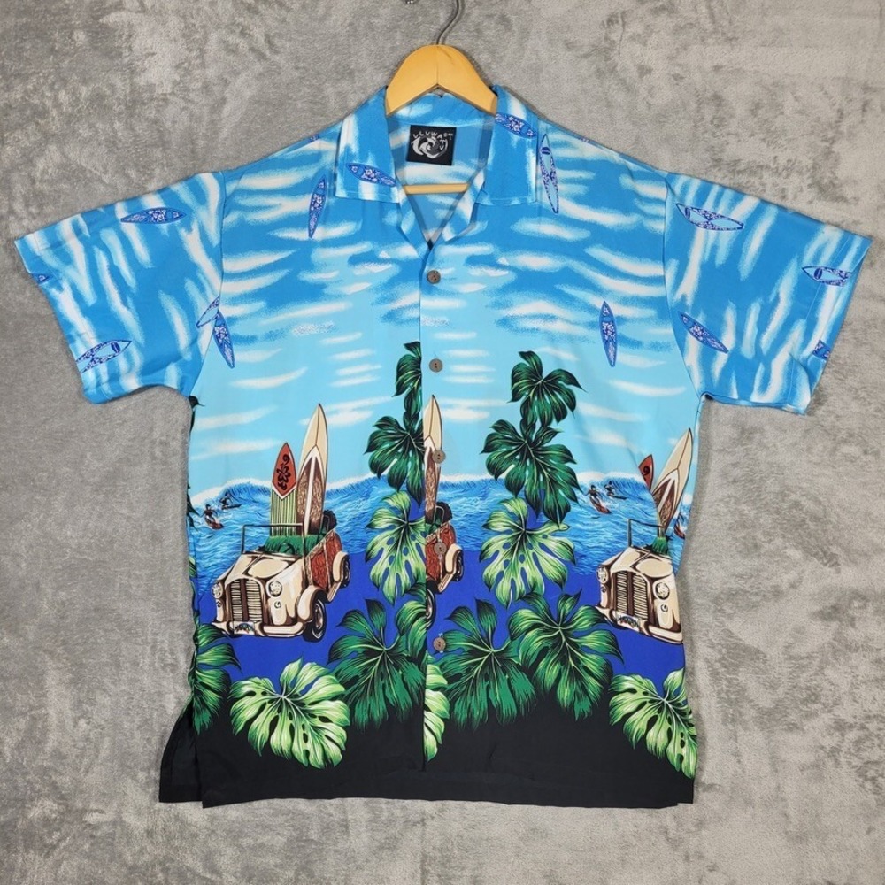 Uluwatu Hawaiian Shirt Mens Large Surfing Waves Beach Cars Camp Collar